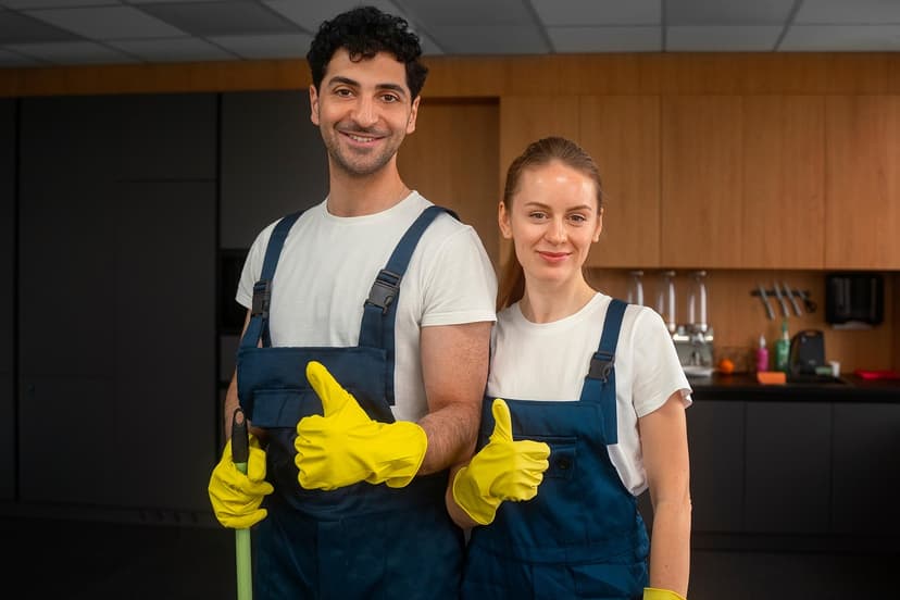 A team of uniformed, smiling professional cleaners.